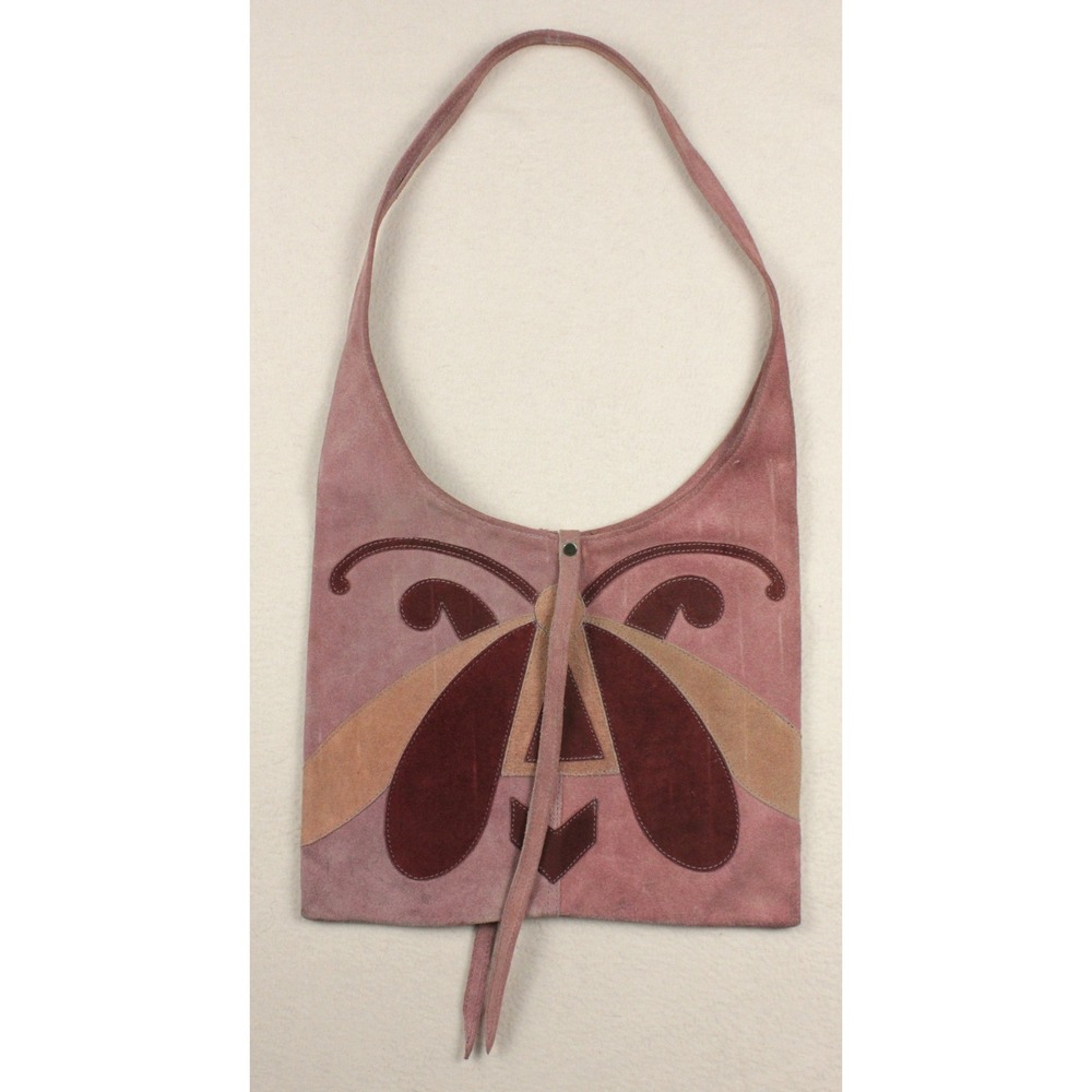 Vintage 70s Suede Leather Butterfly Purse Mauve Applique Dolly Boho Shoulder Bag